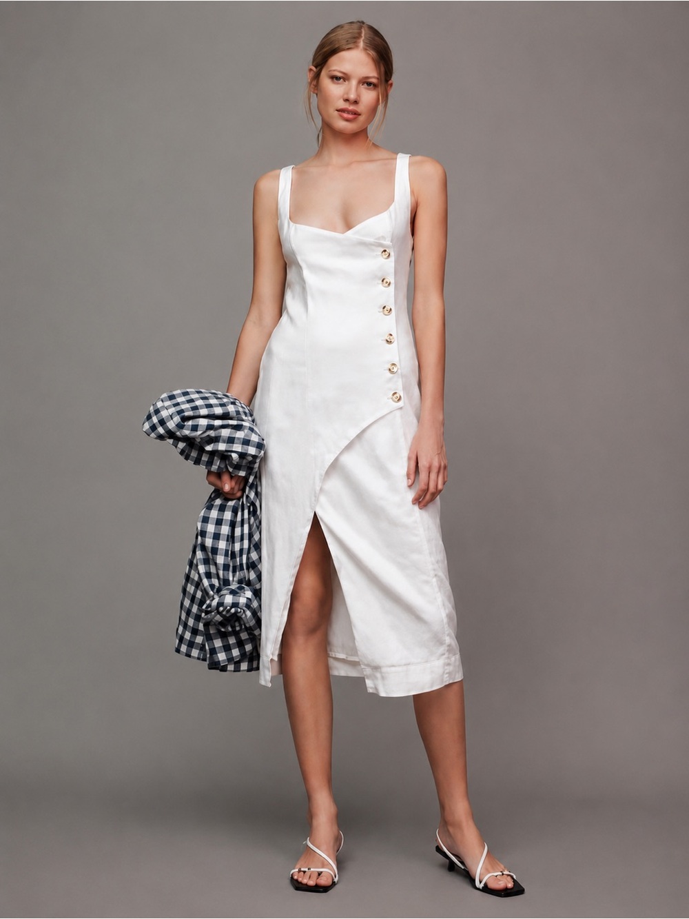 Anthropologie Sleeveless Square-Neck Linen Button Wrap Midi Dress XXS Grey Beige